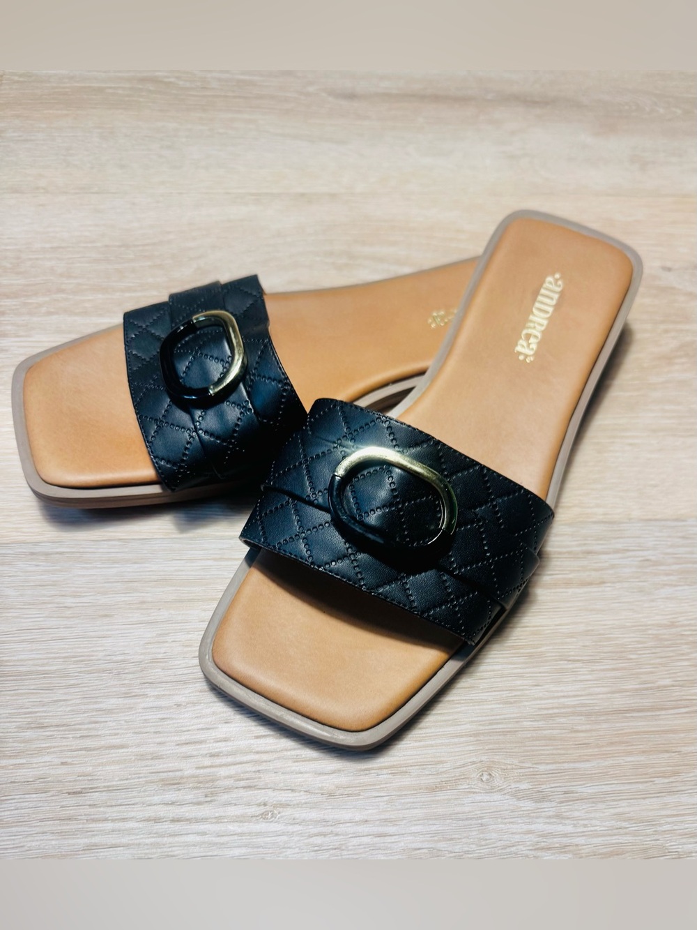 ANDREA FENZI Black Quilted Slide Sandals with Gold Ring Size 9